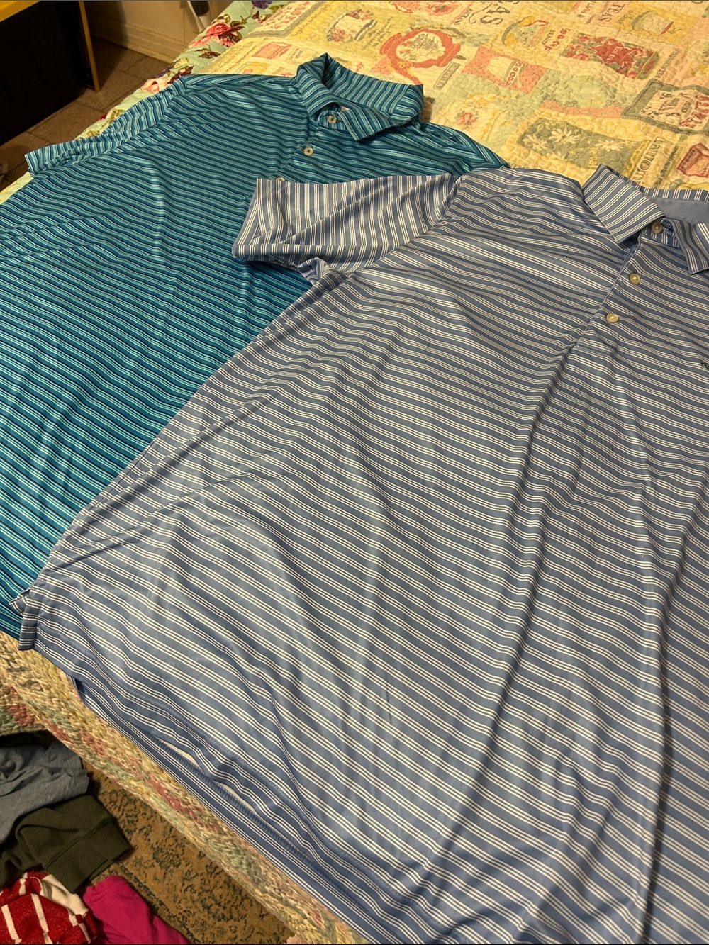Two Greg Norman Collection Blue and Teal Striped Polo Shirt and Blue and White